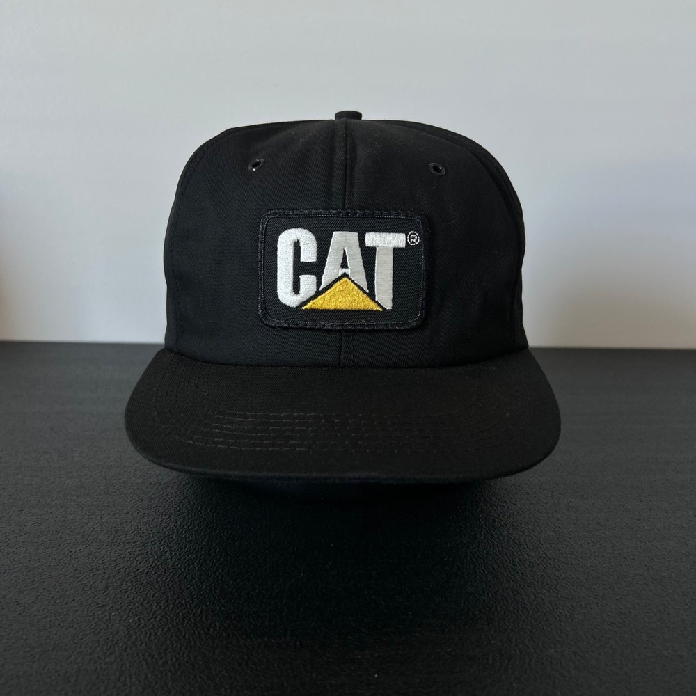 Vintage 80s CAT Hat Cap Strap Back Adjustable Black Caterpillar Heavy Equipment